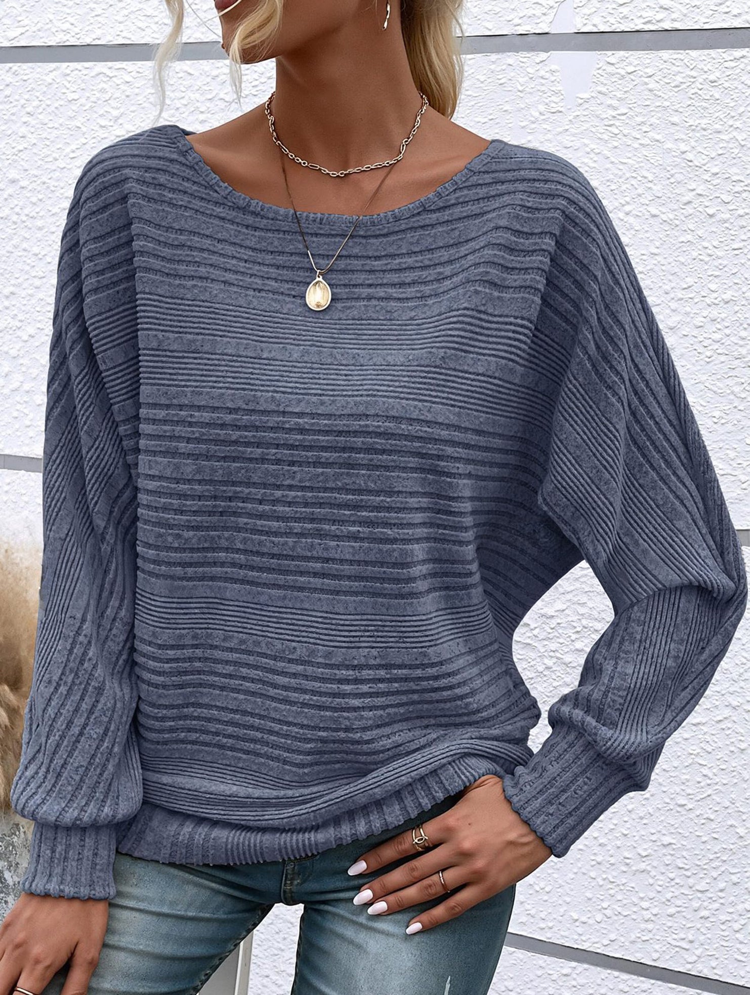 Ribbed Crew Neck Batwing Sleeve Tee