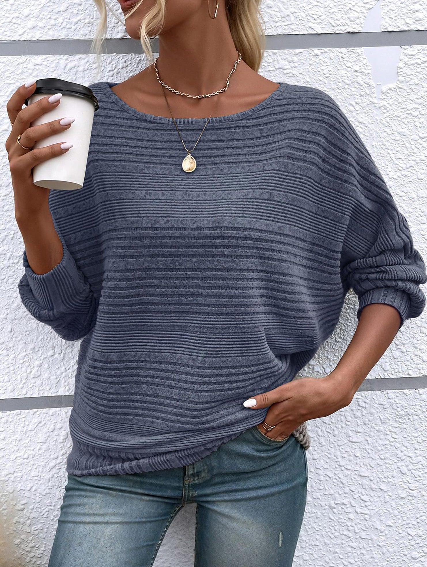 Ribbed Crew Neck Batwing Sleeve Tee