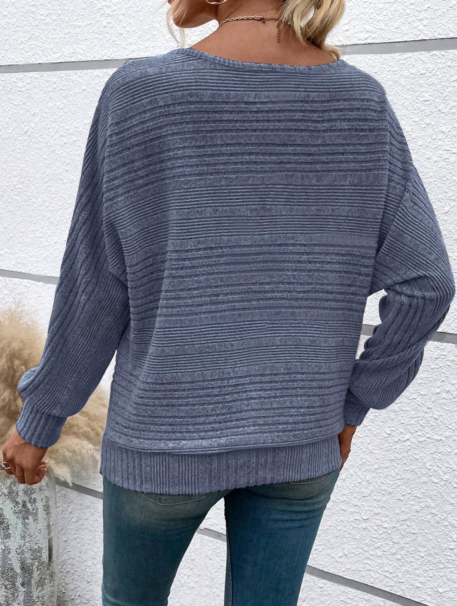 Ribbed Crew Neck Batwing Sleeve Tee