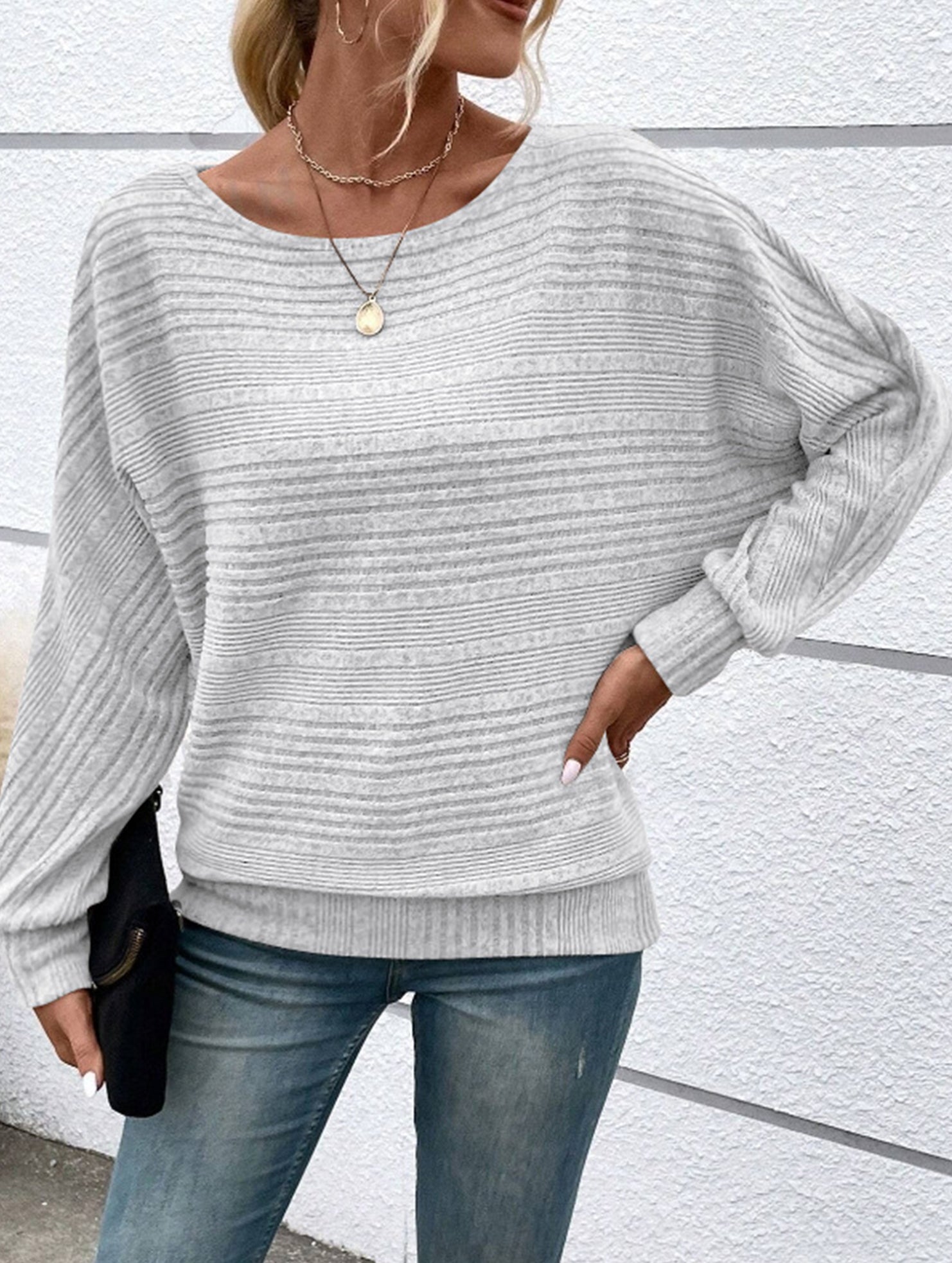 Ribbed Crew Neck Batwing Sleeve Tee