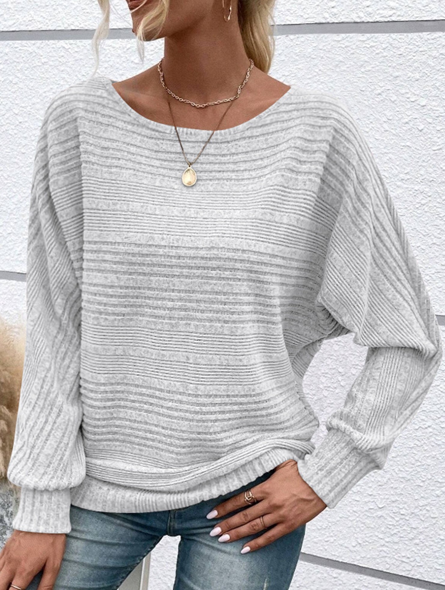 Ribbed Crew Neck Batwing Sleeve Tee