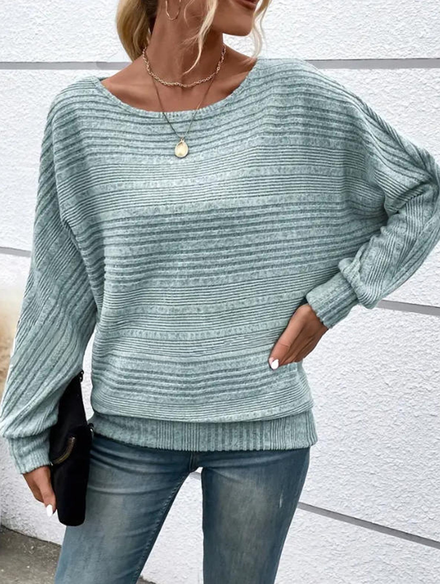 Ribbed Crew Neck Batwing Sleeve Tee