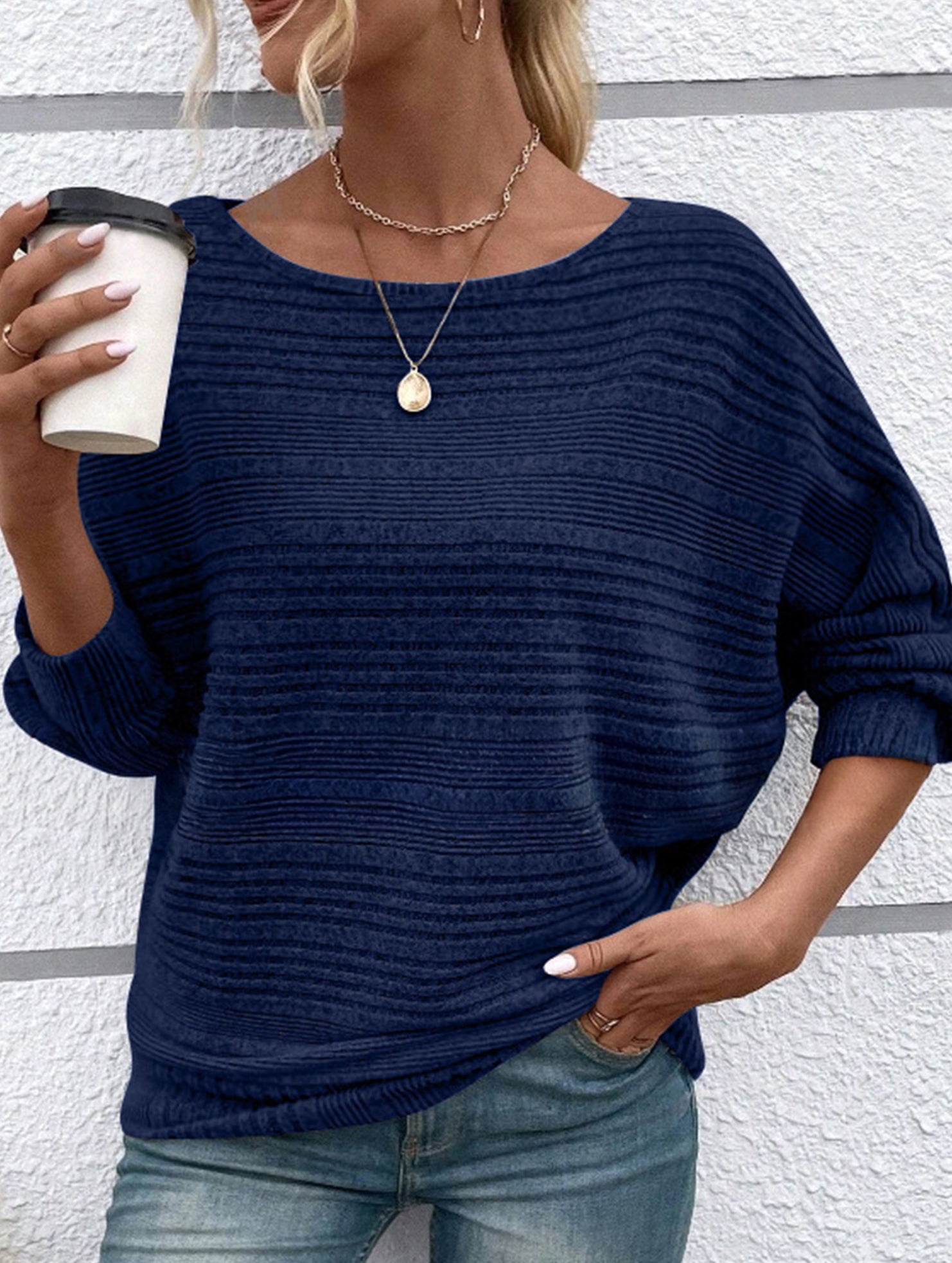 Ribbed Crew Neck Batwing Sleeve Tee
