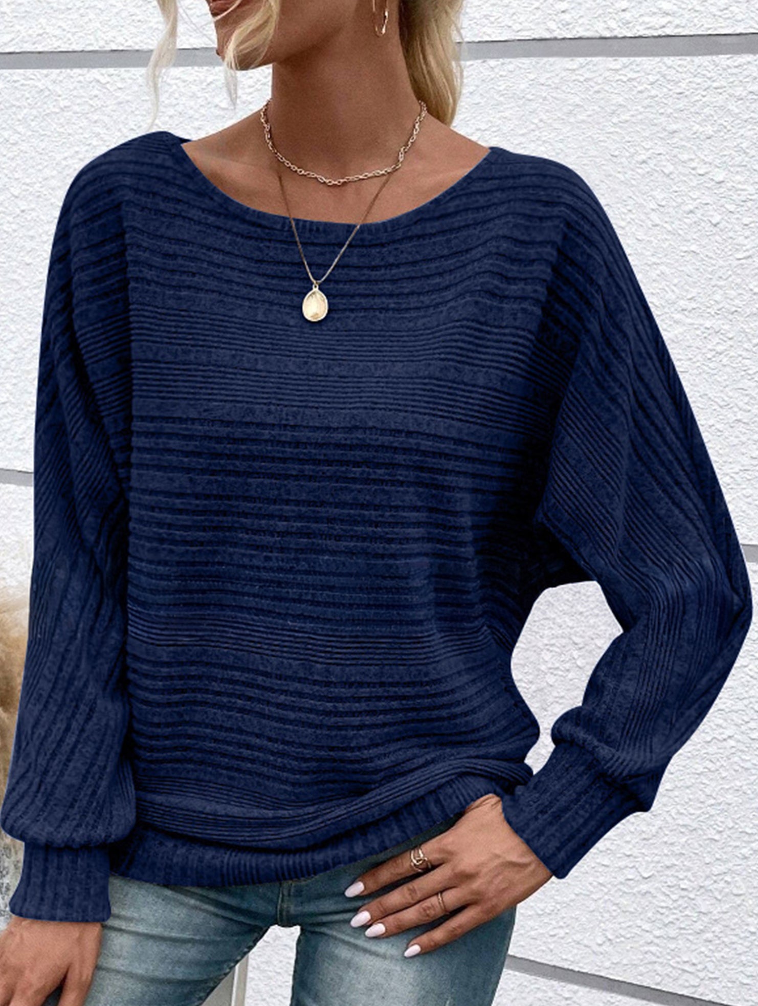 Ribbed Crew Neck Batwing Sleeve Tee