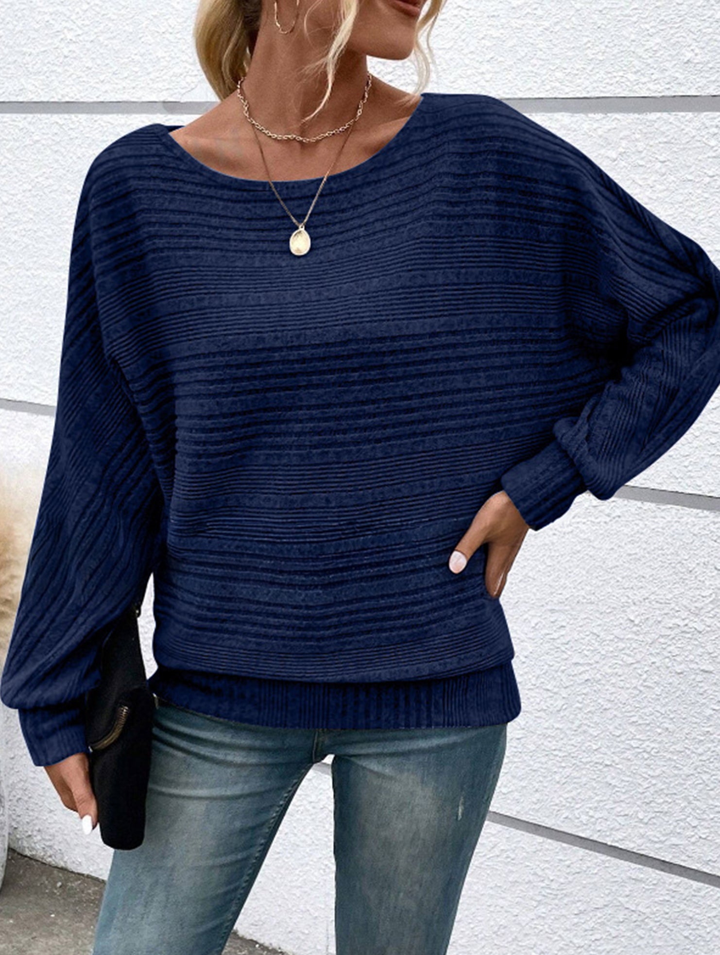 Ribbed Crew Neck Batwing Sleeve Tee