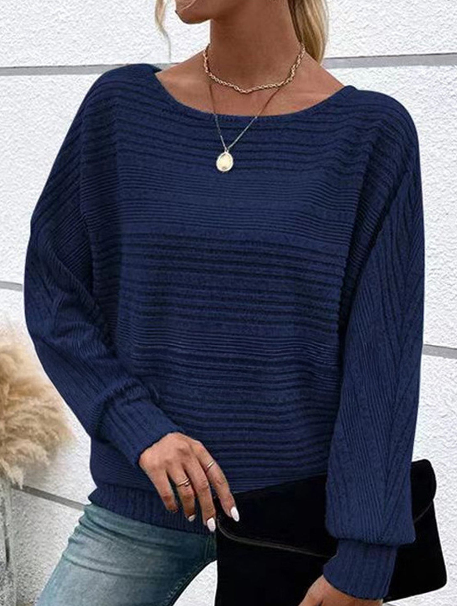 Ribbed Crew Neck Batwing Sleeve Tee