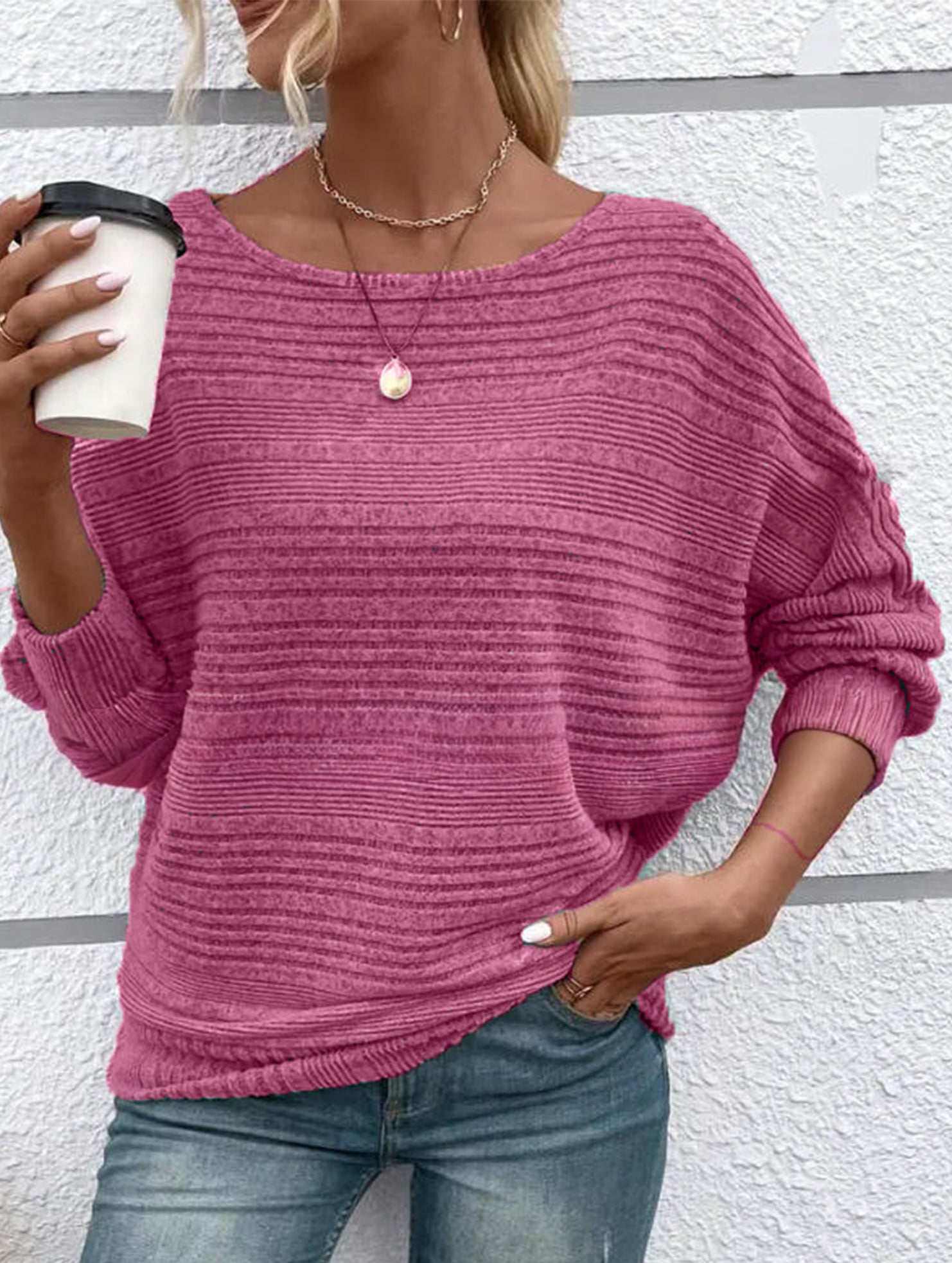 Ribbed Crew Neck Batwing Sleeve Tee