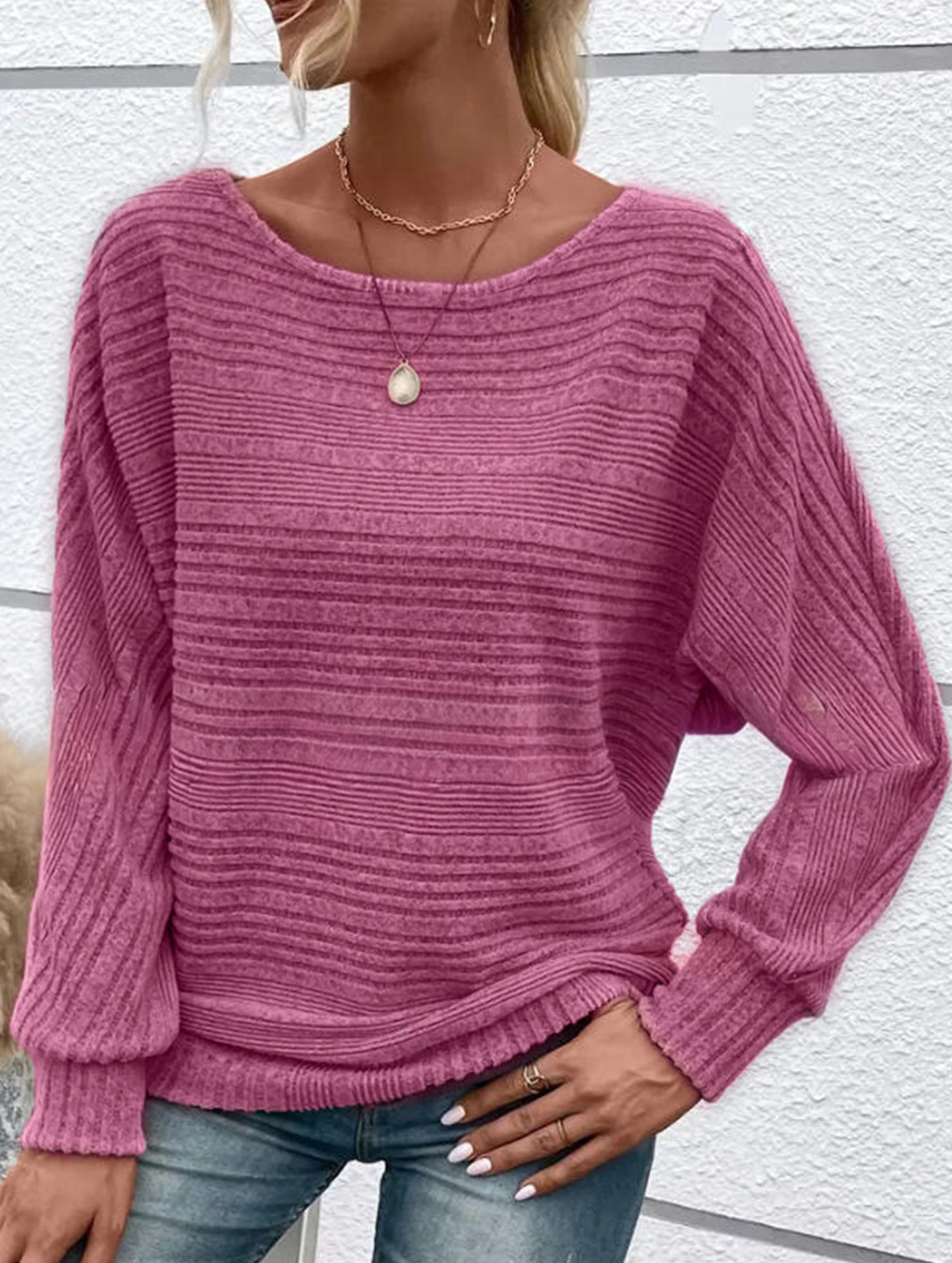 Ribbed Crew Neck Batwing Sleeve Tee