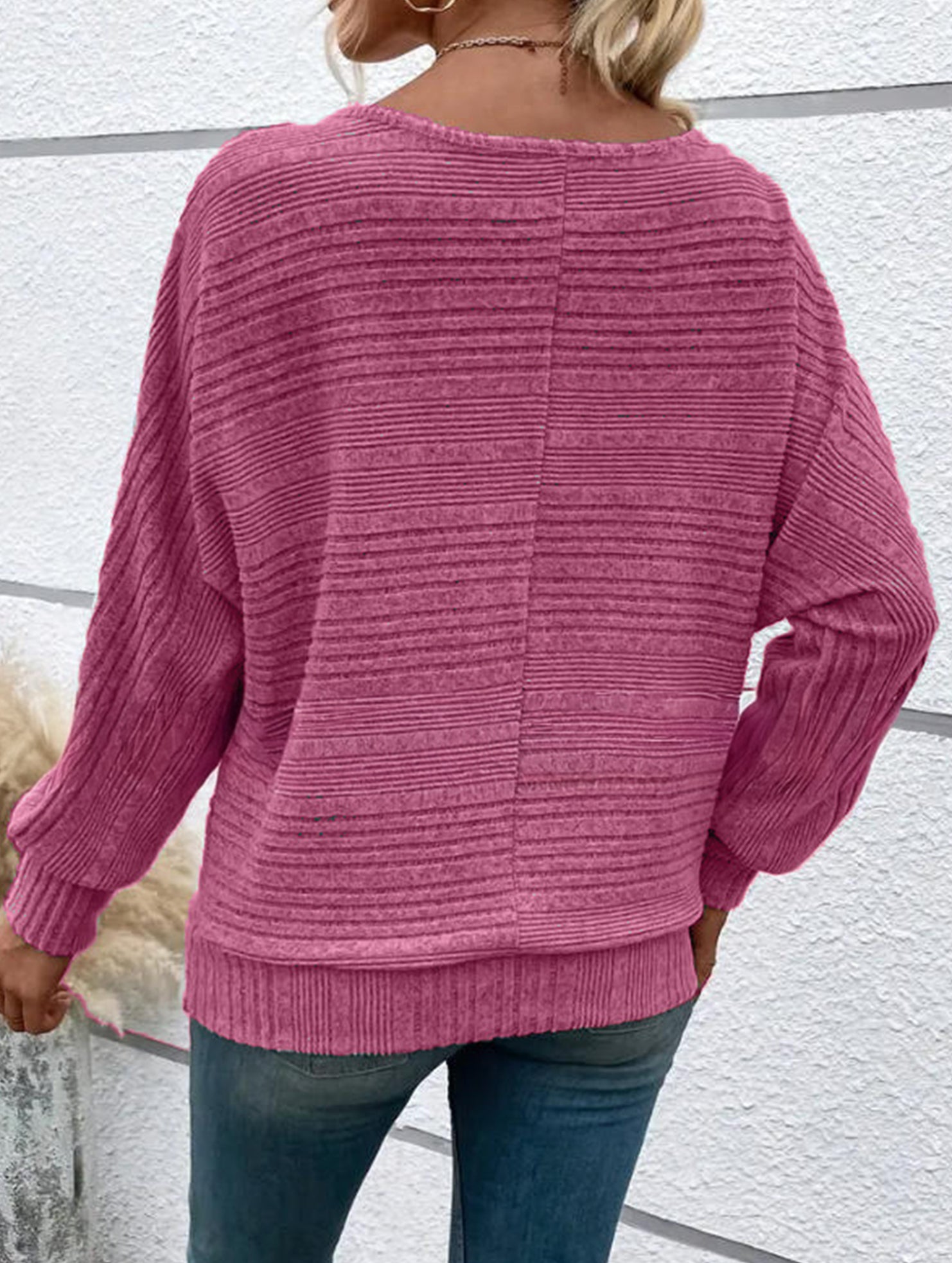 Ribbed Crew Neck Batwing Sleeve Tee