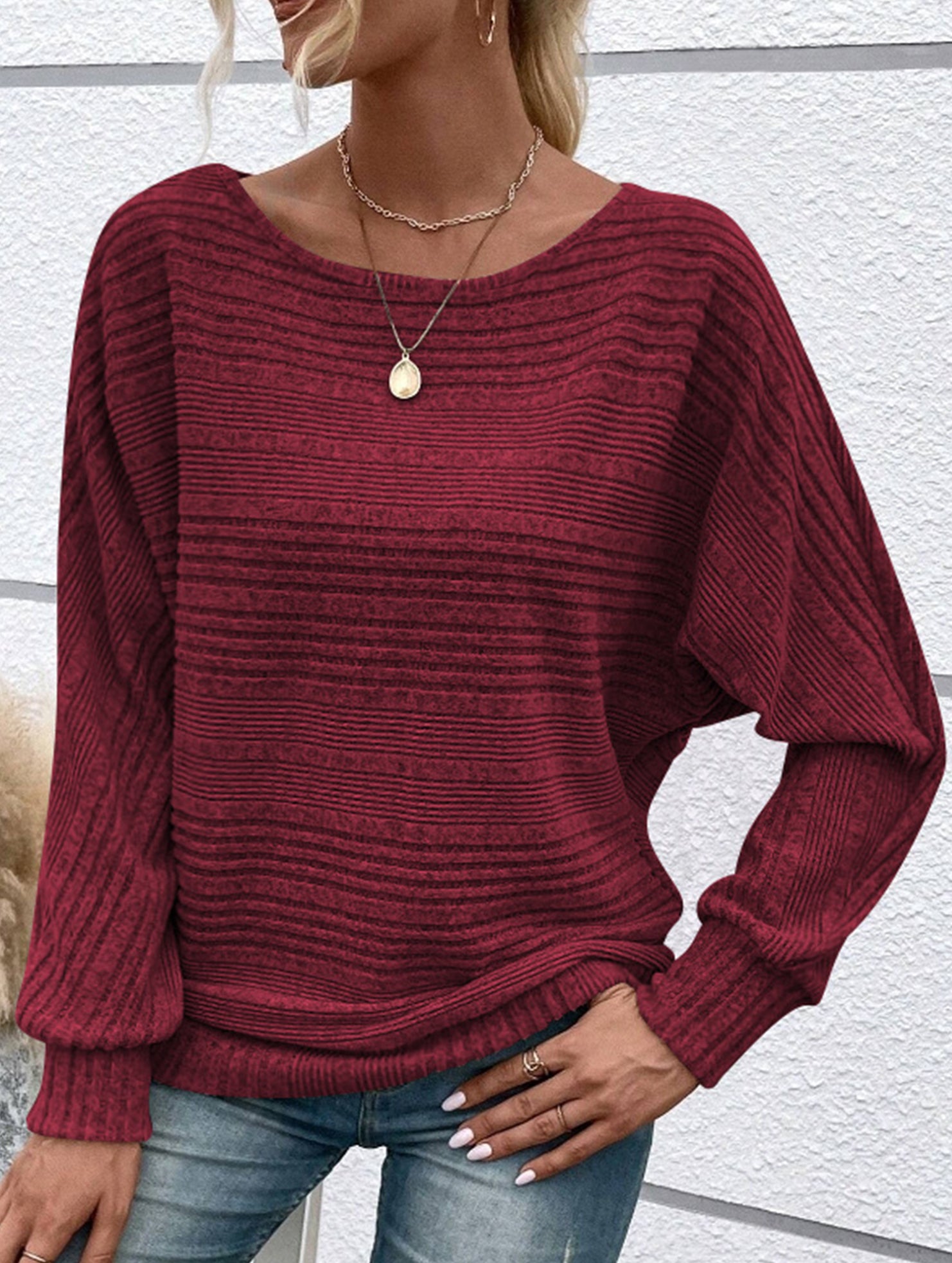 Ribbed Crew Neck Batwing Sleeve Tee
