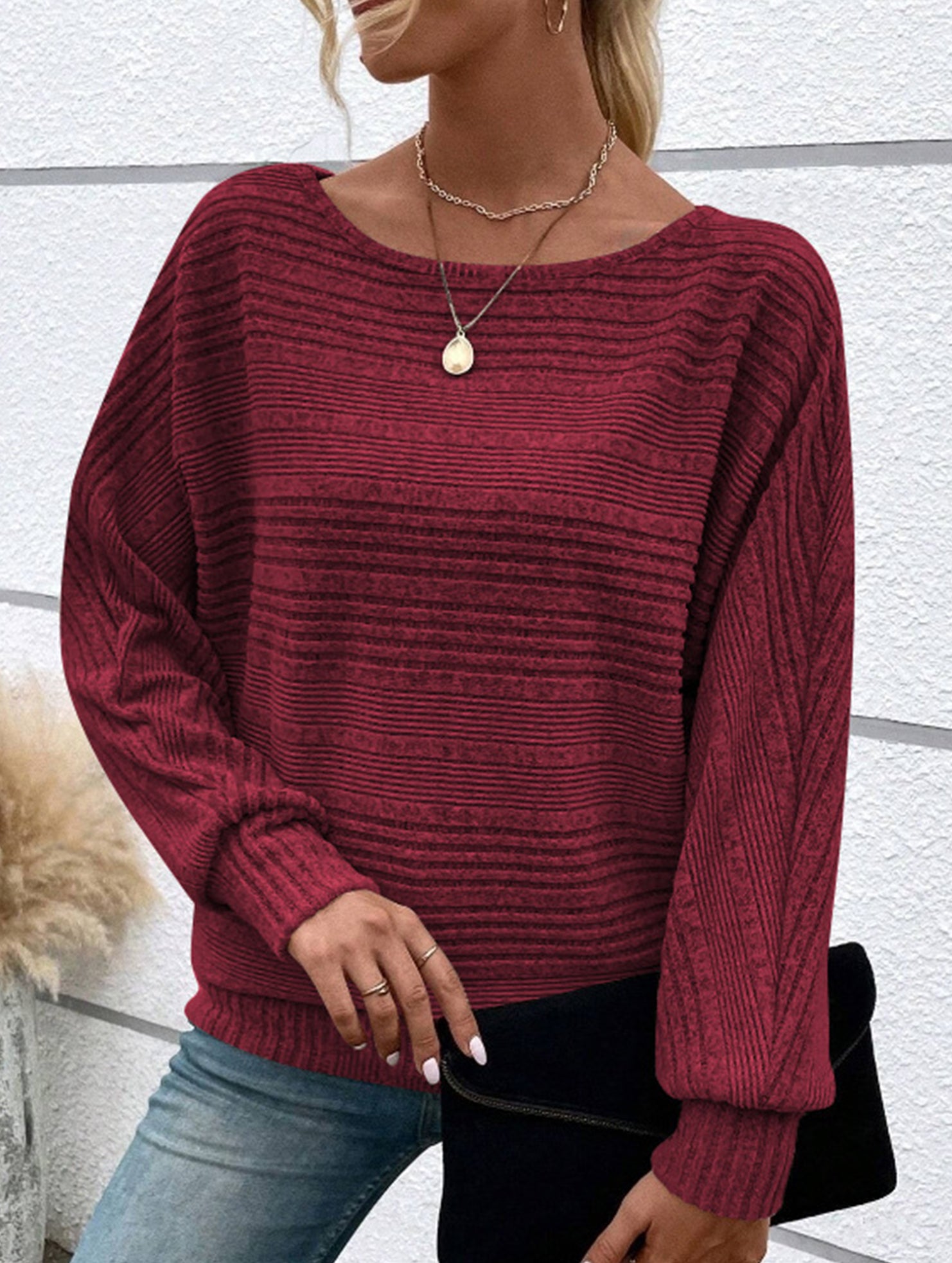 Ribbed Crew Neck Batwing Sleeve Tee
