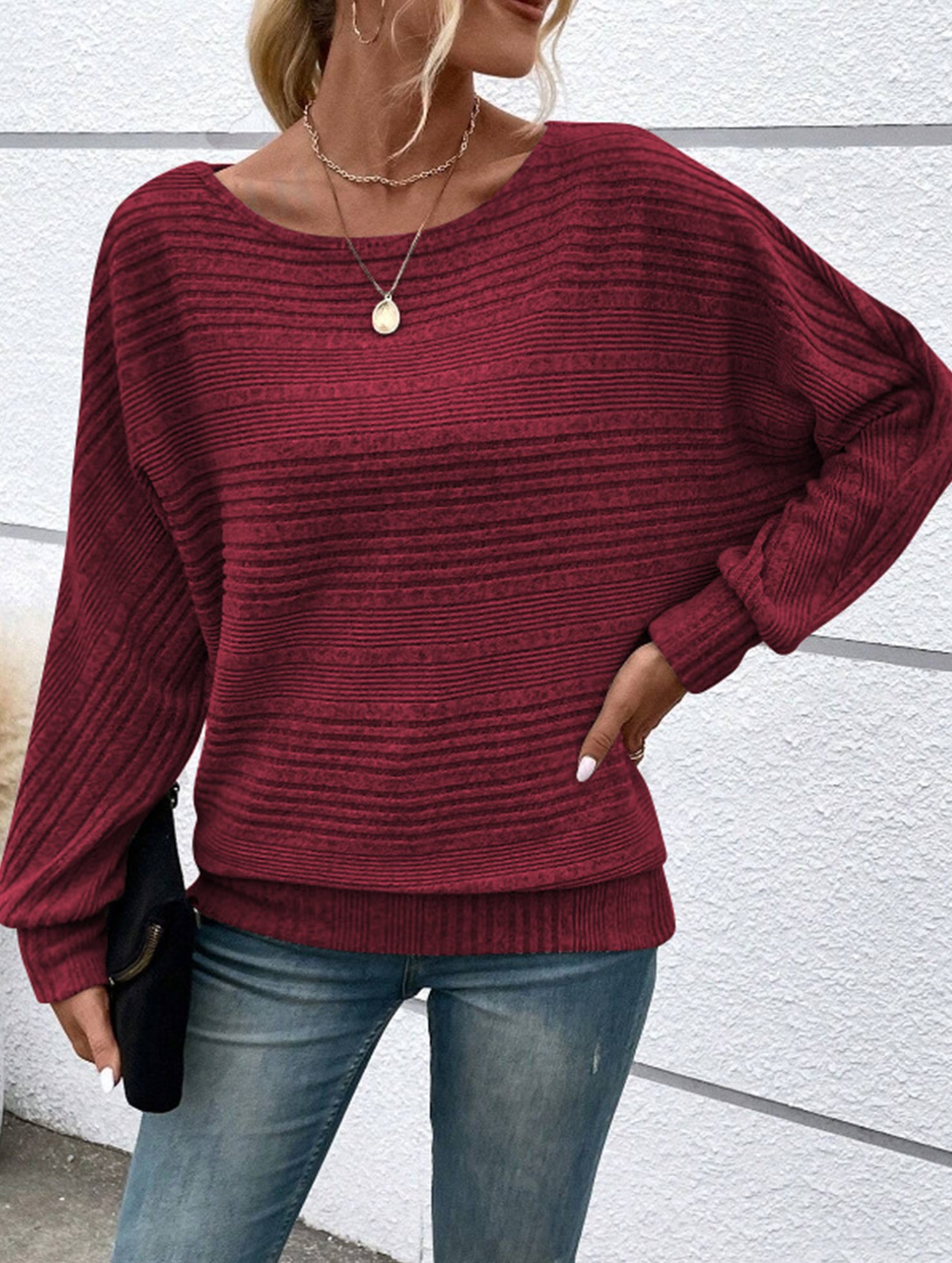 Ribbed Crew Neck Batwing Sleeve Tee