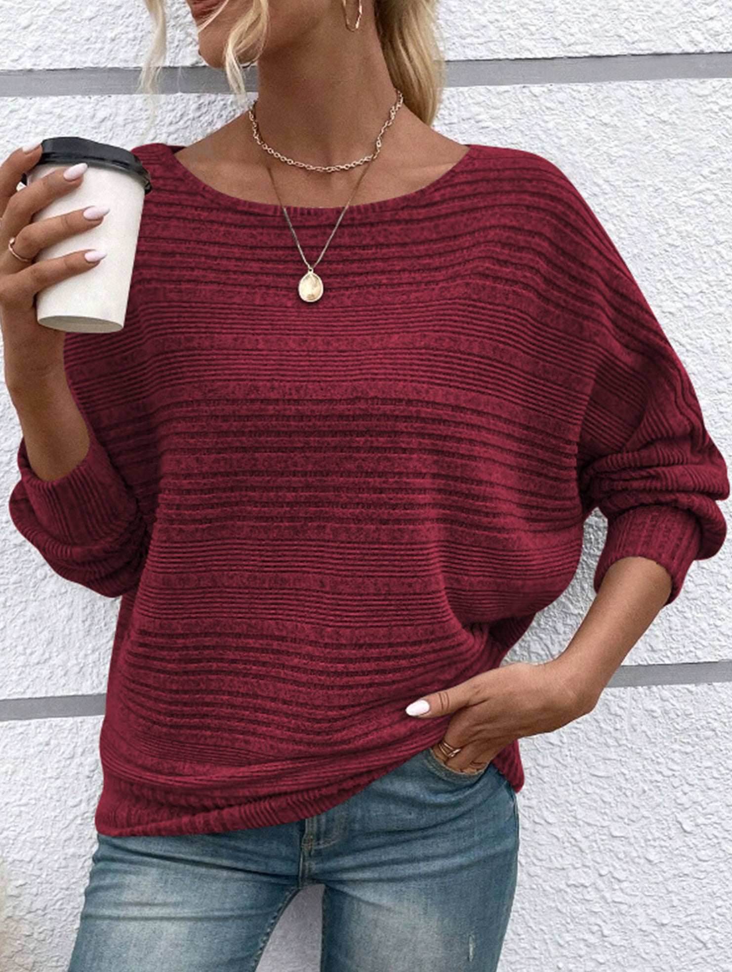 Ribbed Crew Neck Batwing Sleeve Tee