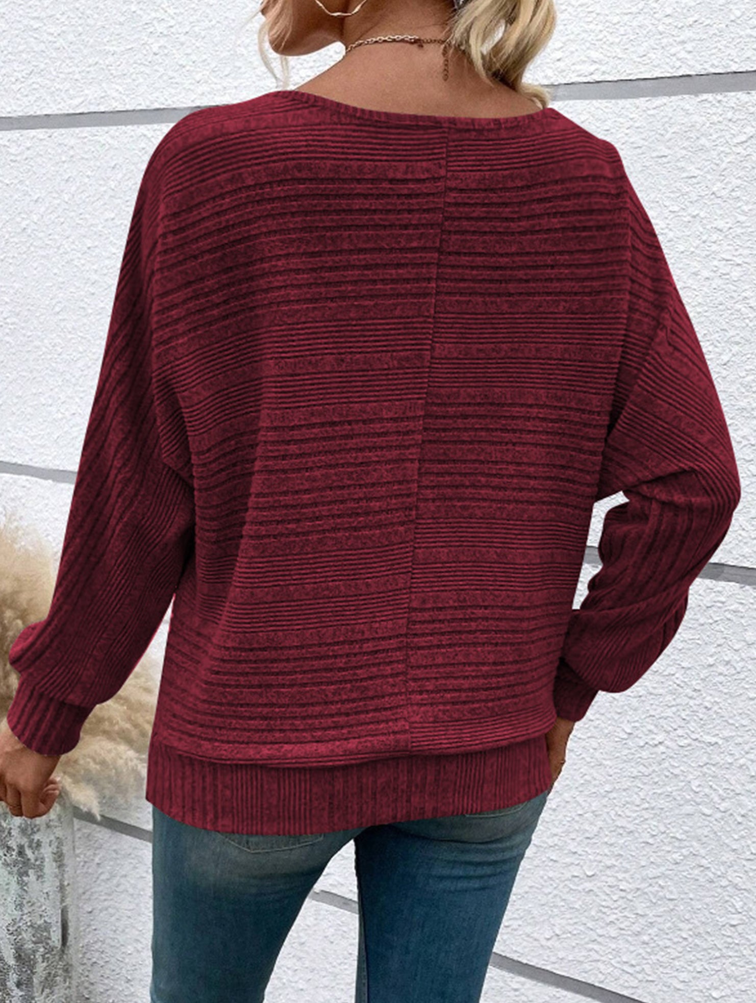 Ribbed Crew Neck Batwing Sleeve Tee