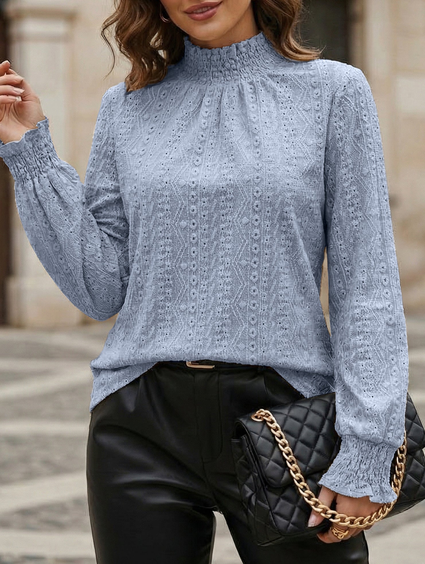 Jacquard Crew Neck Long Sleeve Tee_CWTTL01230