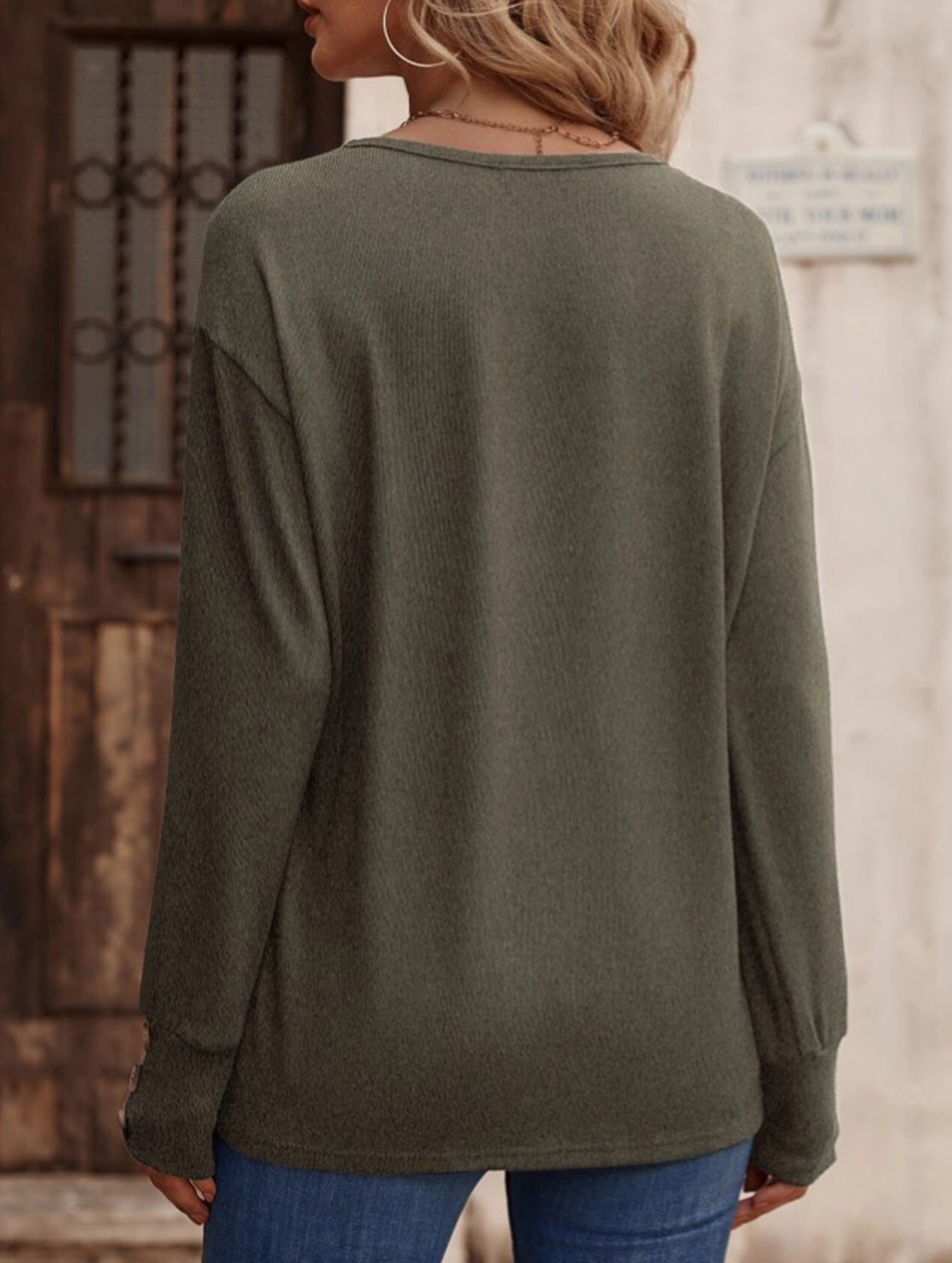Solid V Neck Button Loose Long Sleeve Tee_CWTTL01231