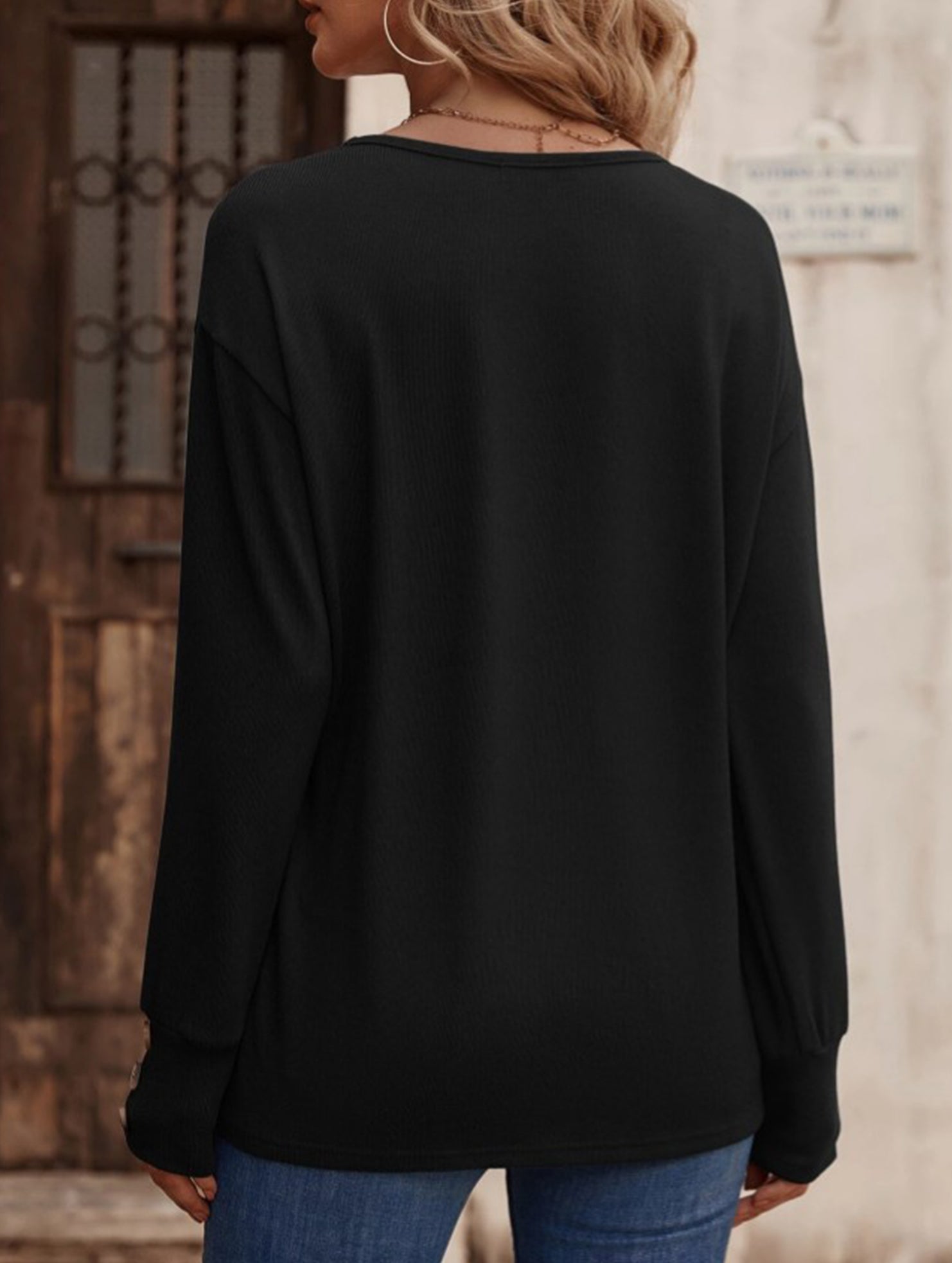 Solid V Neck Button Loose Long Sleeve Tee_CWTTL01231