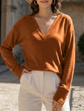 Solid V Neck Button Loose Long Sleeve Tee_CWTTL01231
