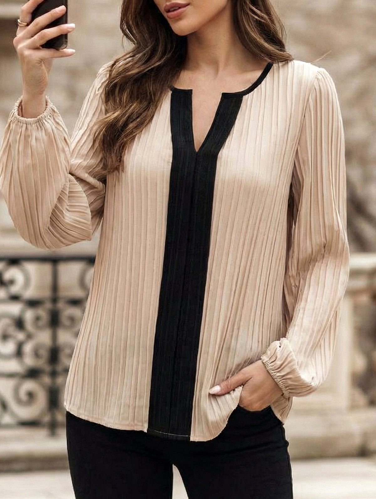 Colorblock V Neck Puff Sleeve Blouse_CWTTL01232