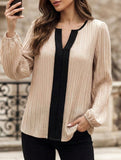 Colorblock V Neck Puff Sleeve Blouse_CWTTL01232