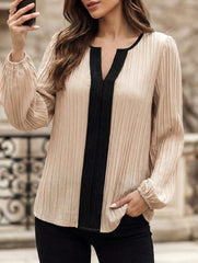 Colorblock V Neck Puff Sleeve Blouse_CWTTL01232