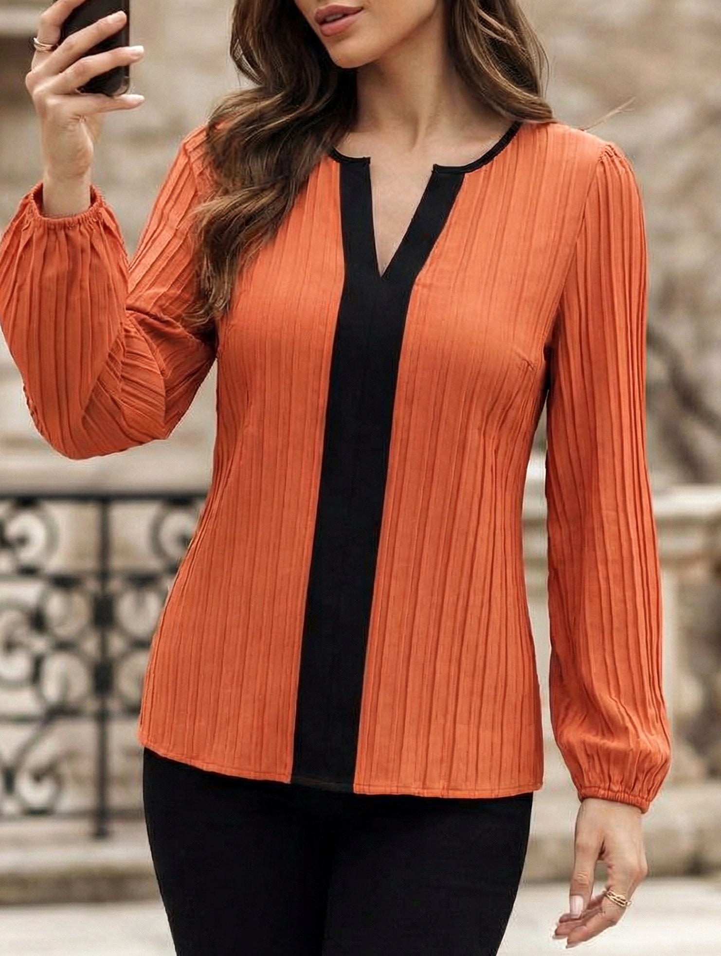 Colorblock V Neck Puff Sleeve Blouse_CWTTL01232