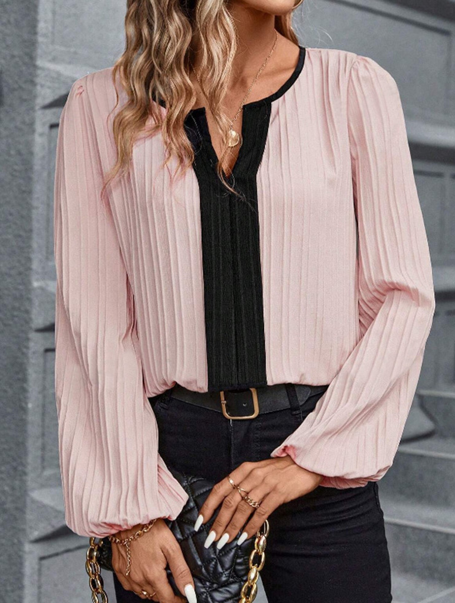 Colorblock V Neck Puff Sleeve Blouse_CWTTL01232