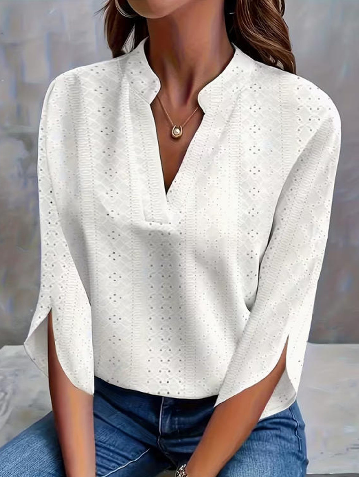 Solid Hollow V Neck Loose Casual Shirt