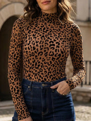 Leopard Mesh Mock Neck Sexy Top