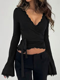 Lace Trim V Neck Crop Tee