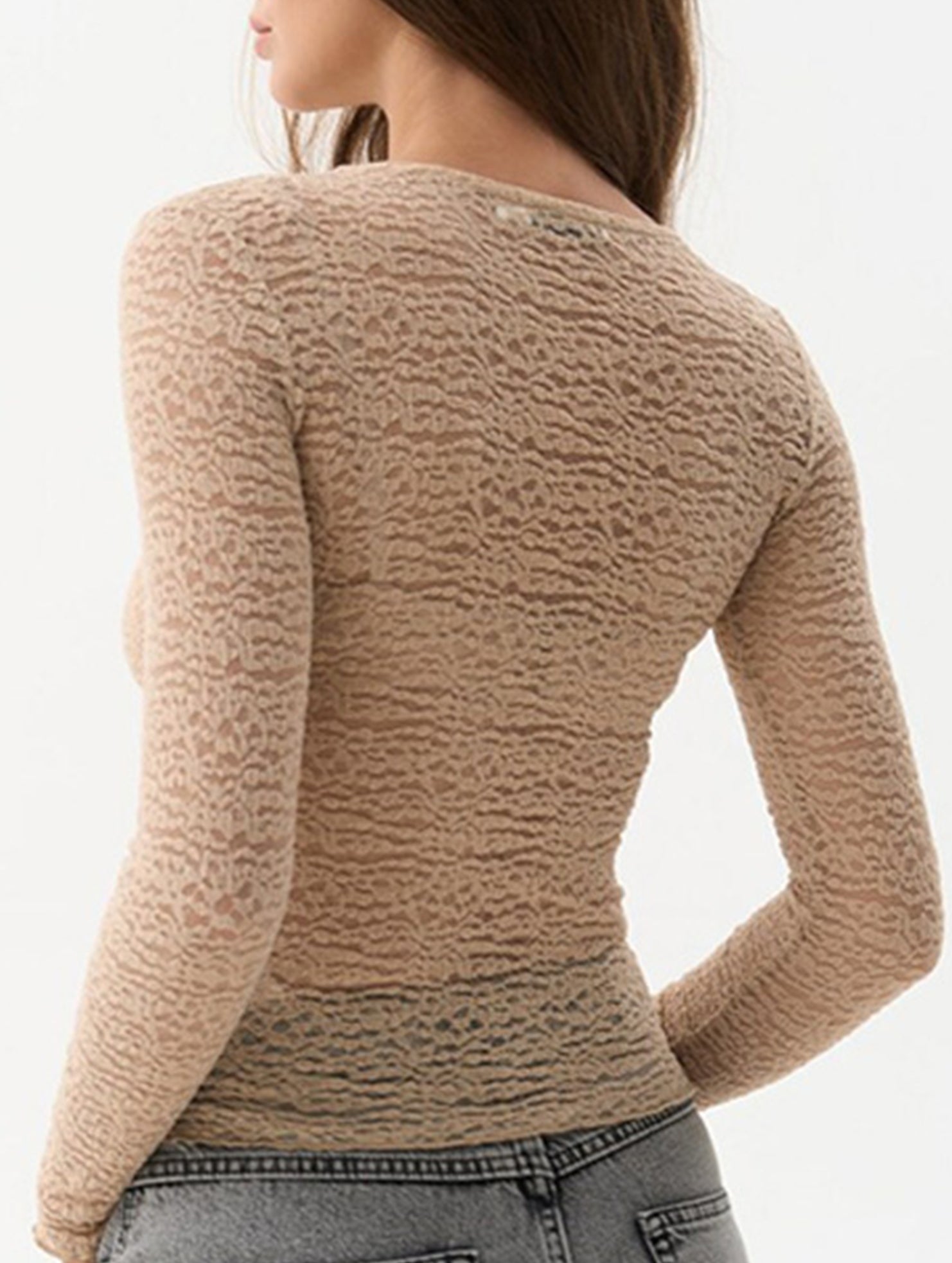 Sheer Crew Neck Slim Long Sleeve Top