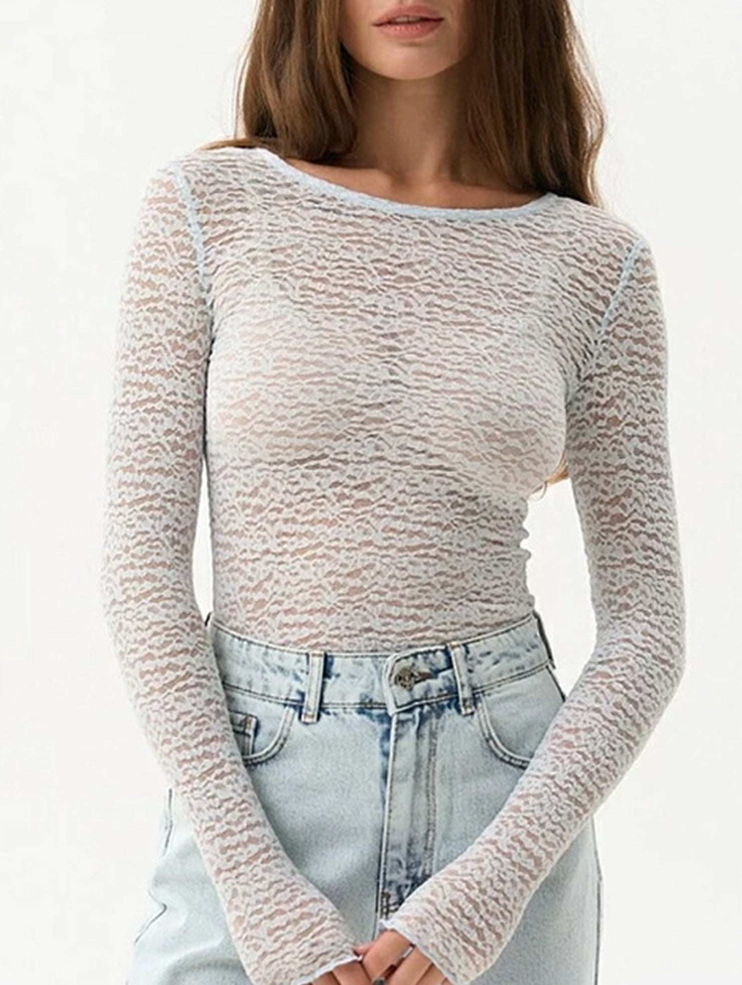 Sheer Crew Neck Slim Long Sleeve Top