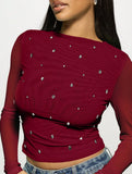 Double Mesh Rhinestone Long Sleeve Top