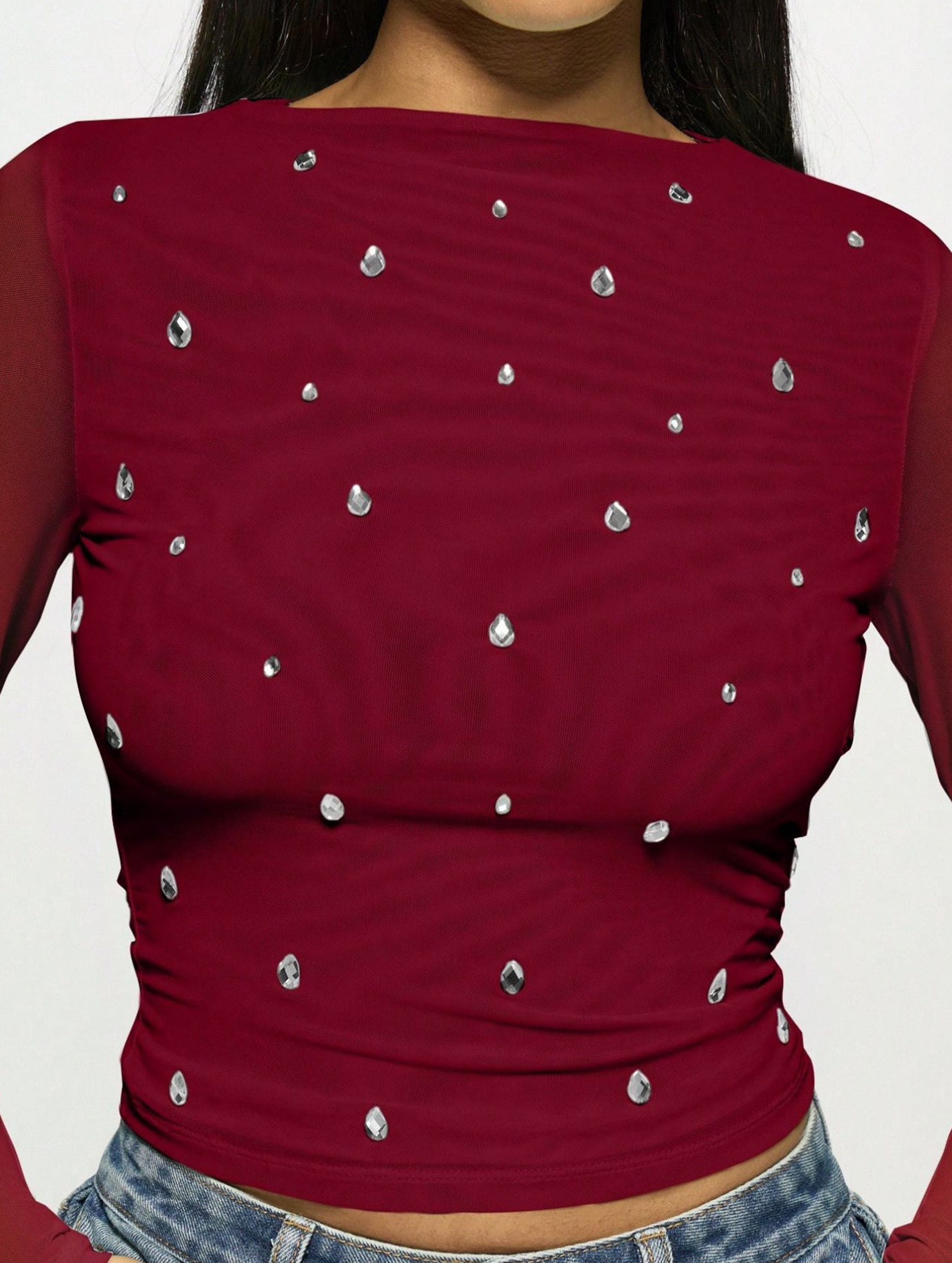 Double Mesh Rhinestone Long Sleeve Top