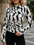Ruffle Mock Neck Print Slim Top