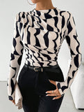 Ruffle Mock Neck Print Slim Top