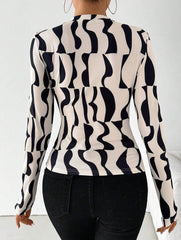 Ruffle Mock Neck Print Slim Top