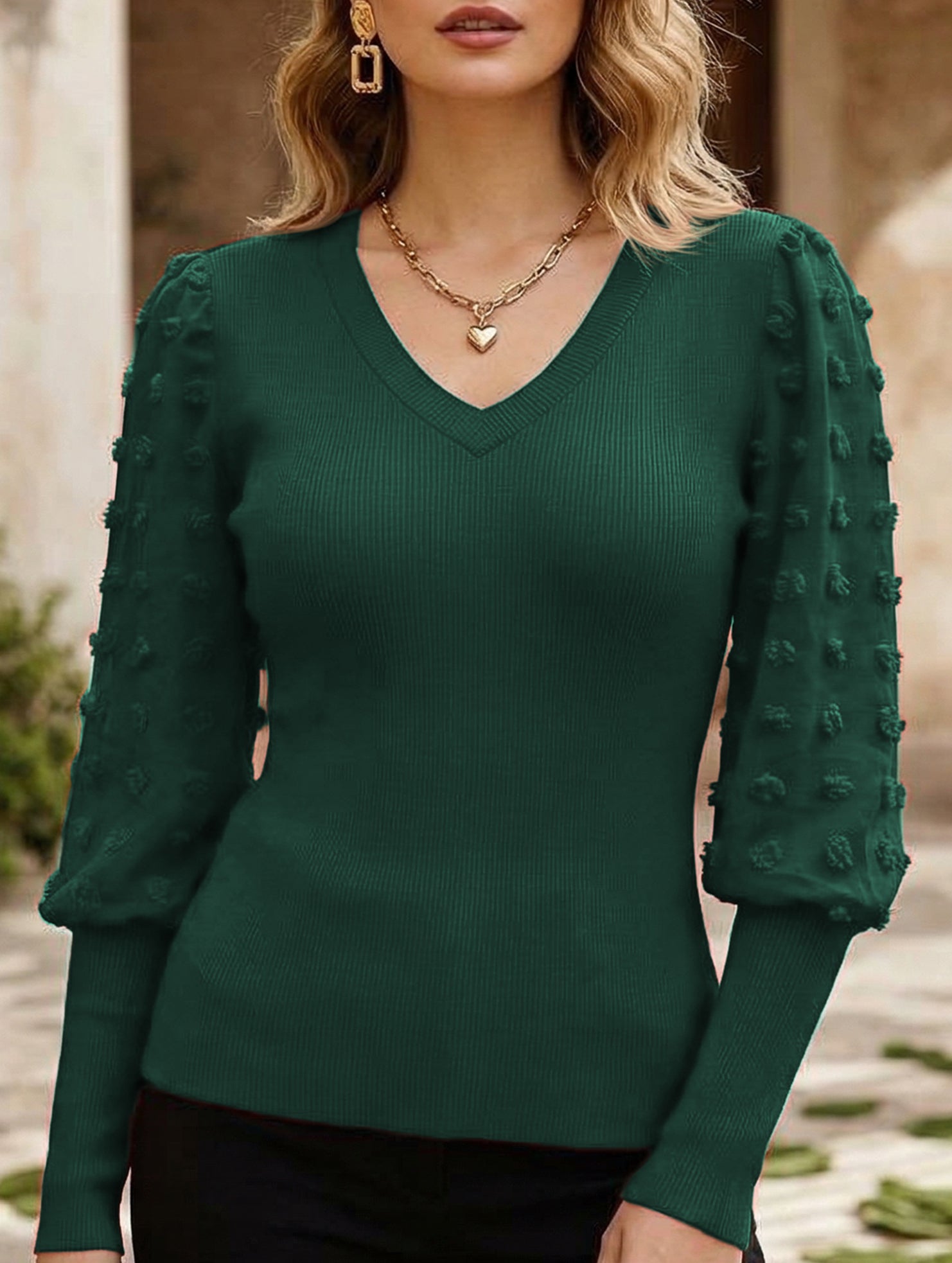 Ribbed V Neck Chiffon Sleeve Top