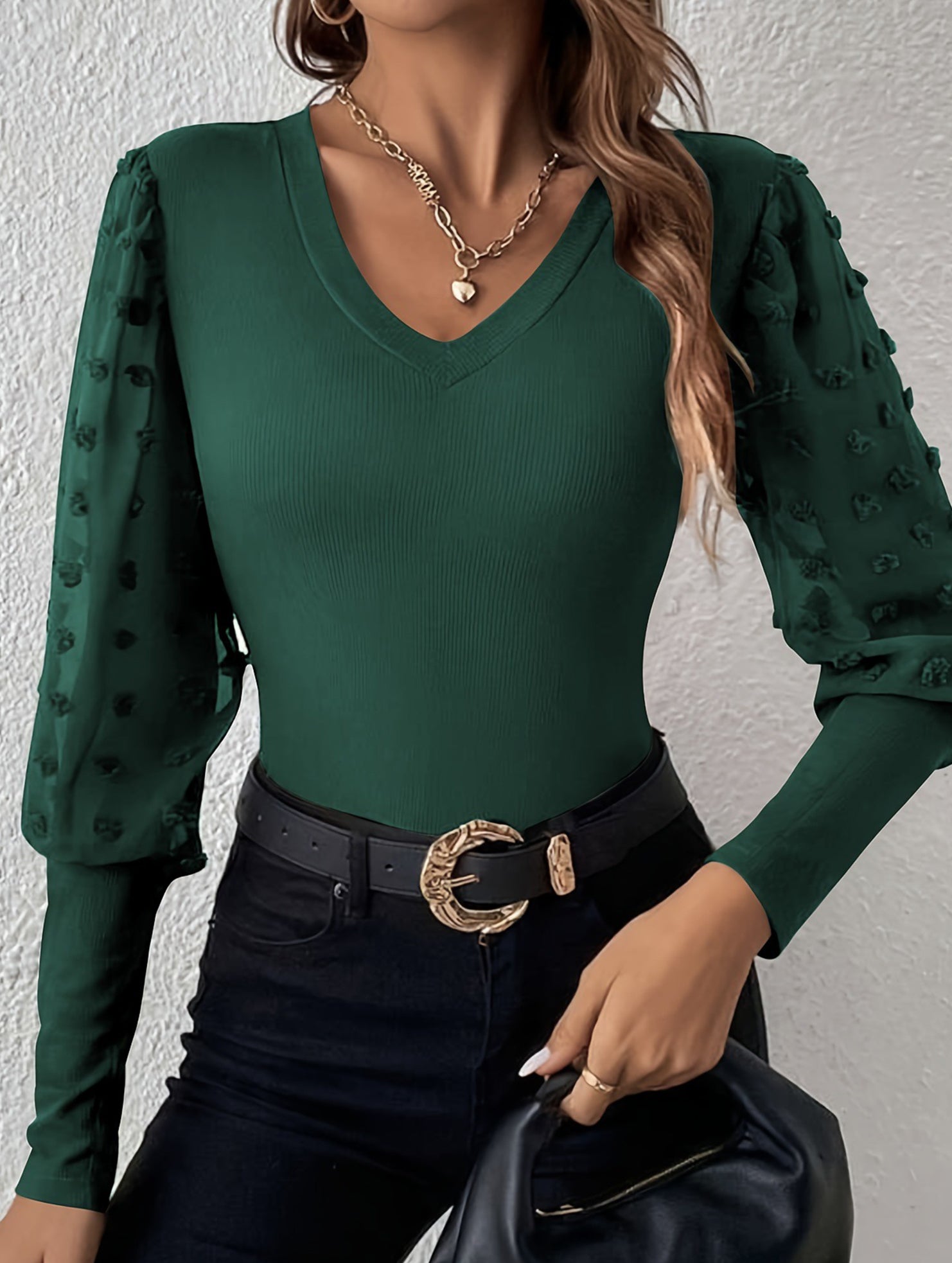 Ribbed V Neck Chiffon Sleeve Top