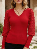 Ribbed V Neck Chiffon Sleeve Top