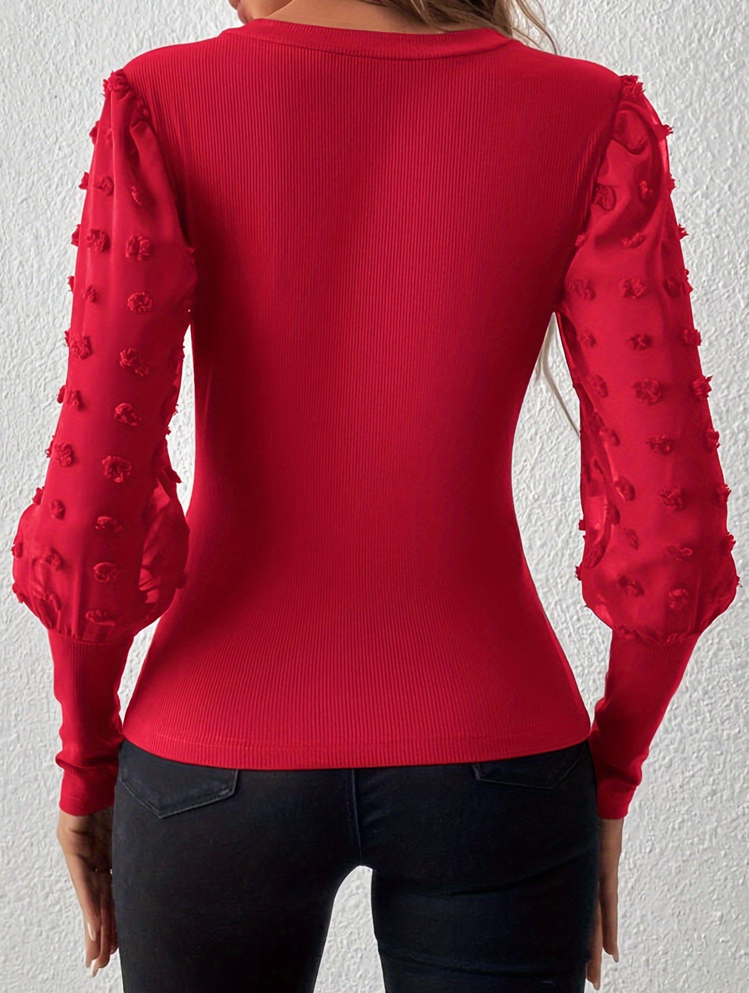 Ribbed V Neck Chiffon Sleeve Top