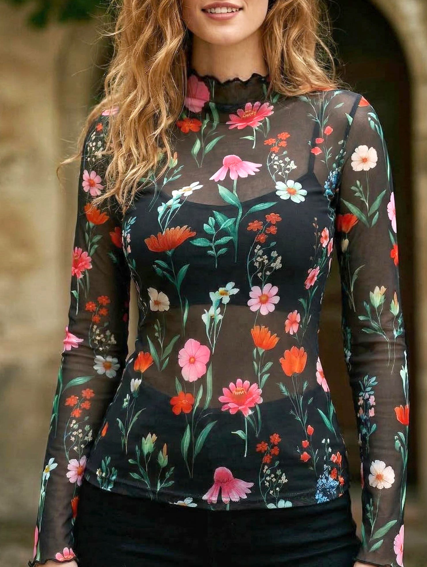 Leopard Mesh Ruffle Slim Top