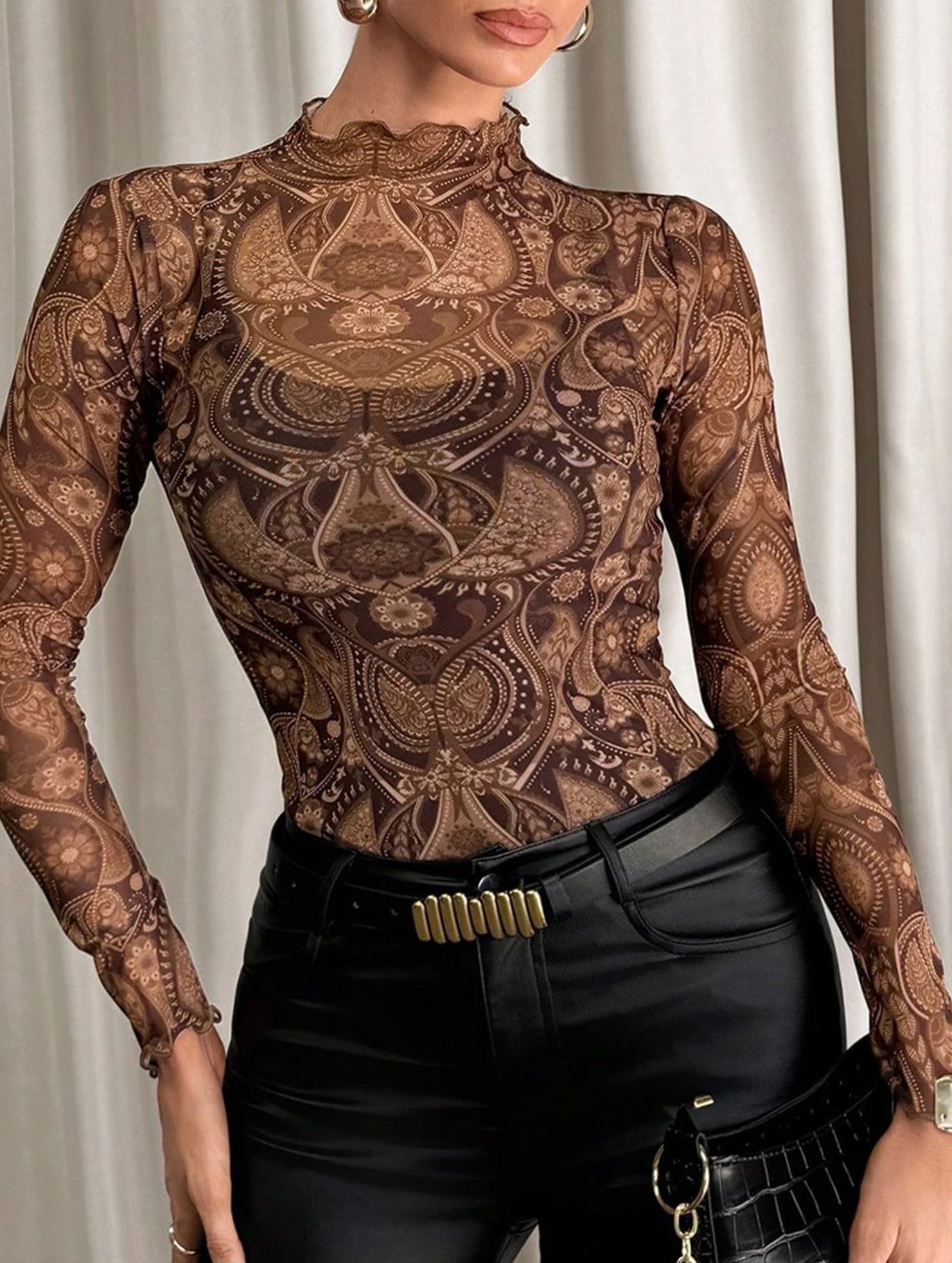 Leopard Mesh Ruffle Slim Top