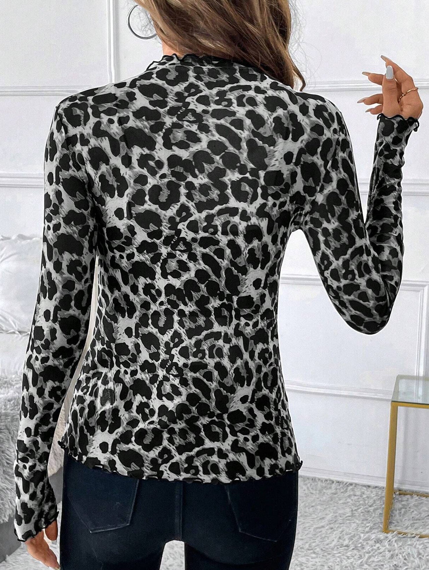Leopard Mesh Ruffle Slim Top