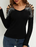 Rhinestone Hollow V Neck Tee