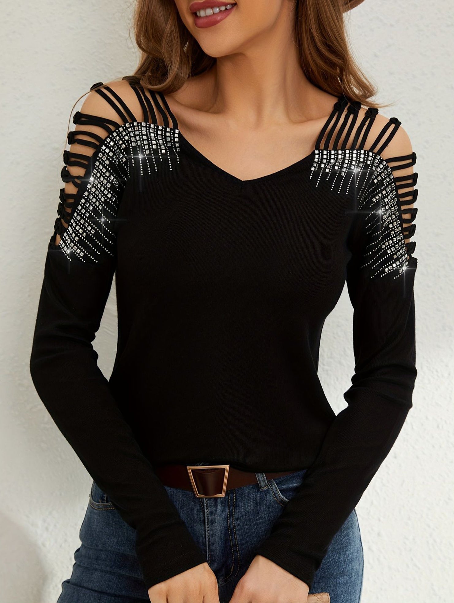 Rhinestone Hollow V Neck Tee