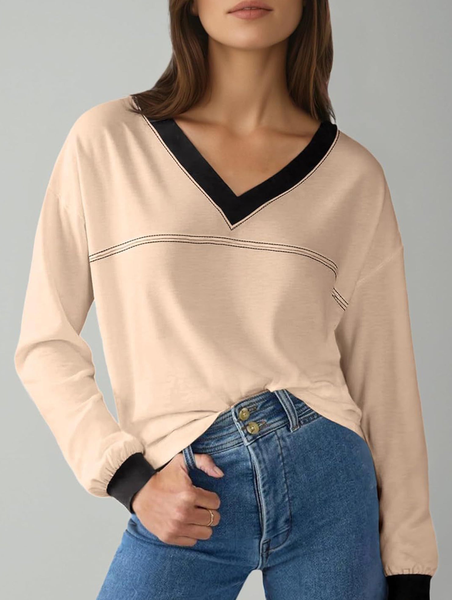 Contrast V Neck Loose Sweatshirt