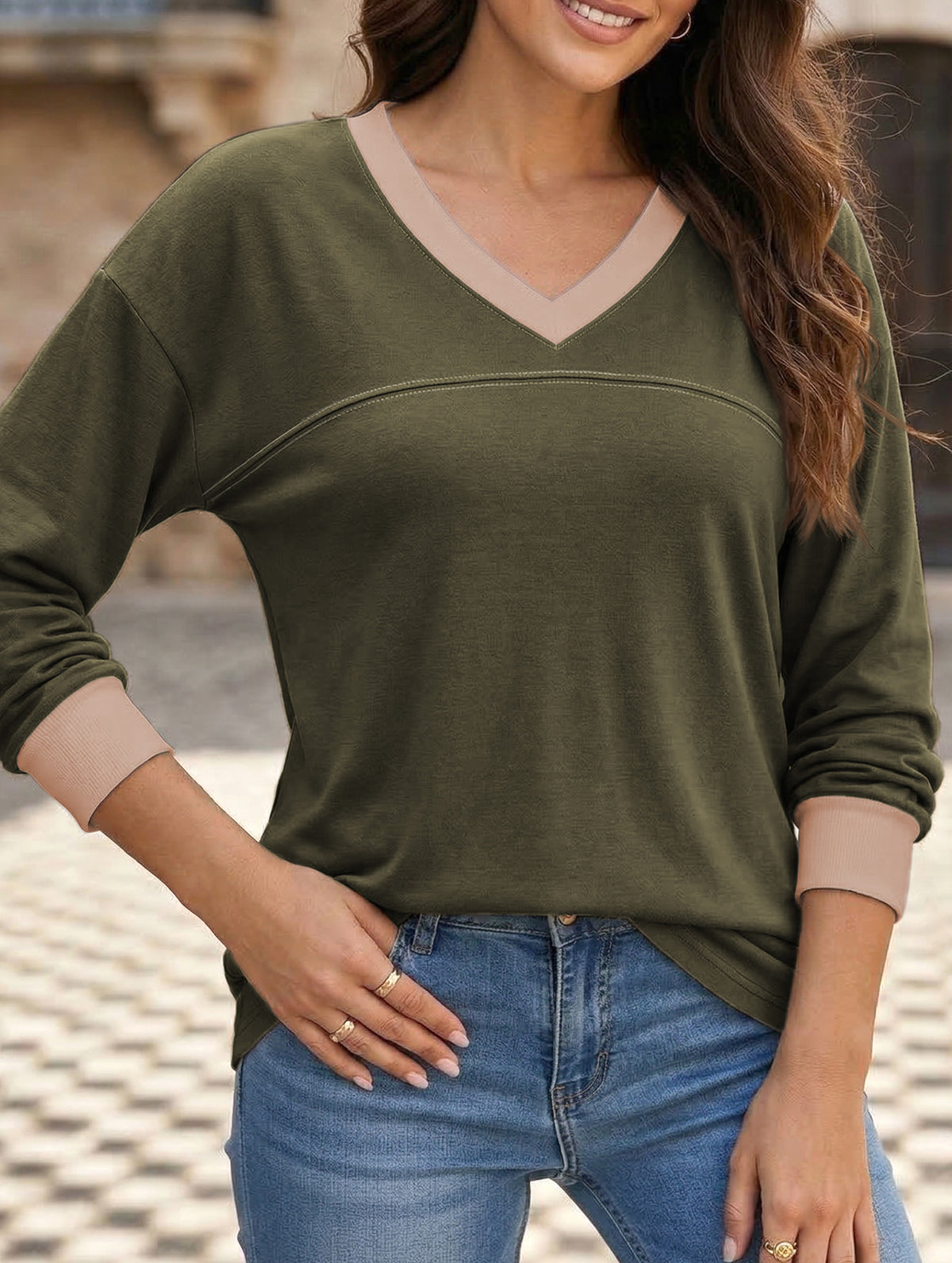 Contrast V Neck Loose Sweatshirt