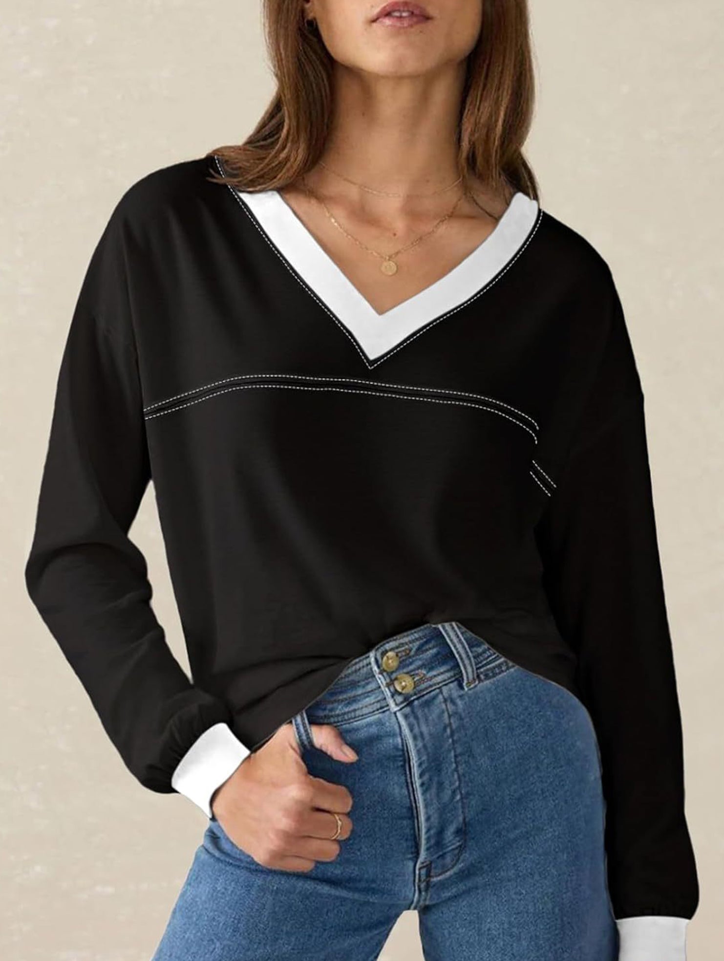 Contrast V Neck Loose Sweatshirt