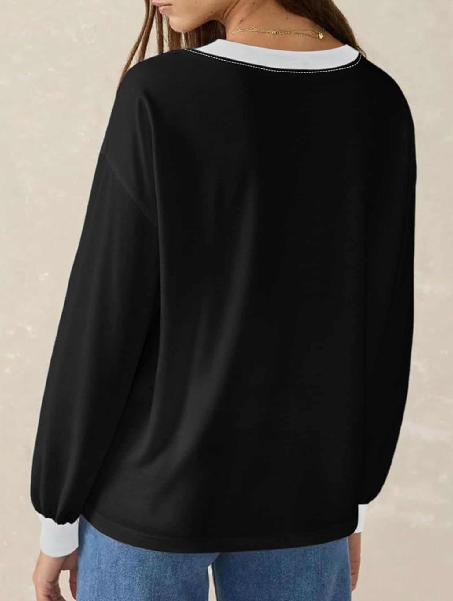 Contrast V Neck Loose Sweatshirt